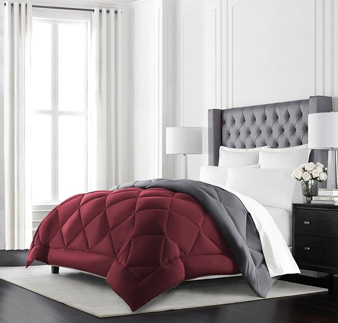 Beckham Hotel Collection Goose Down Alternative Reversible Comforter - All Season - Premium Quality Luxury Comforter - Full/Queen - Burgundy/Grey